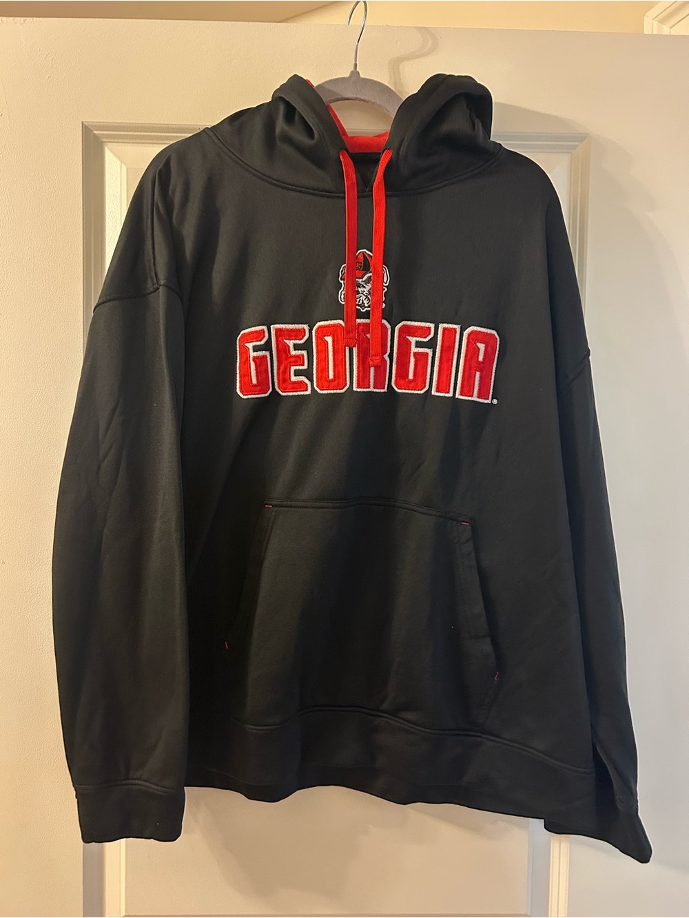 Champion Black Pullover Hoodie with Red Georgia Logo and Drawstrings